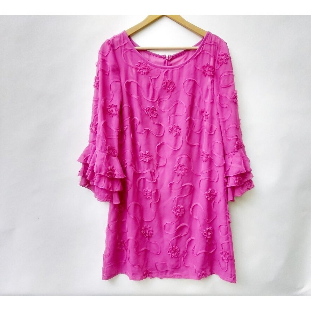 Vintage R&K Dress Fuschia Pink Rossette Chiffon Lace Flutter Sleeves Lined Sz 6